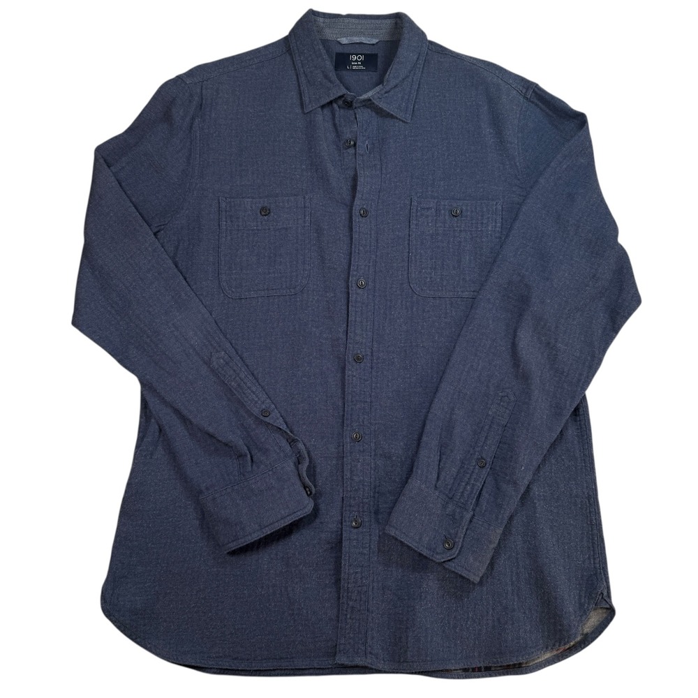 1901 Trim Fit Men's Long Sleeve Button Down Shirt Blue Size L Flannel Lined Soft